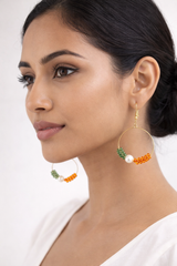 Gold-Toned Beaded Hoop Earrings with Green, Orange, and Pearl Accents