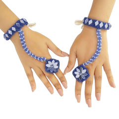 OMID, Personalized Designer  Blue & White Floral Beaded Haathphool | Adjustable Hand Harness Bracelet for Women & Girls